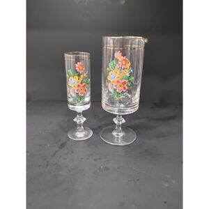 Arcopal Floral Glassware Set, Vintage Pitcher & Glass, French Stemmed Drinkware